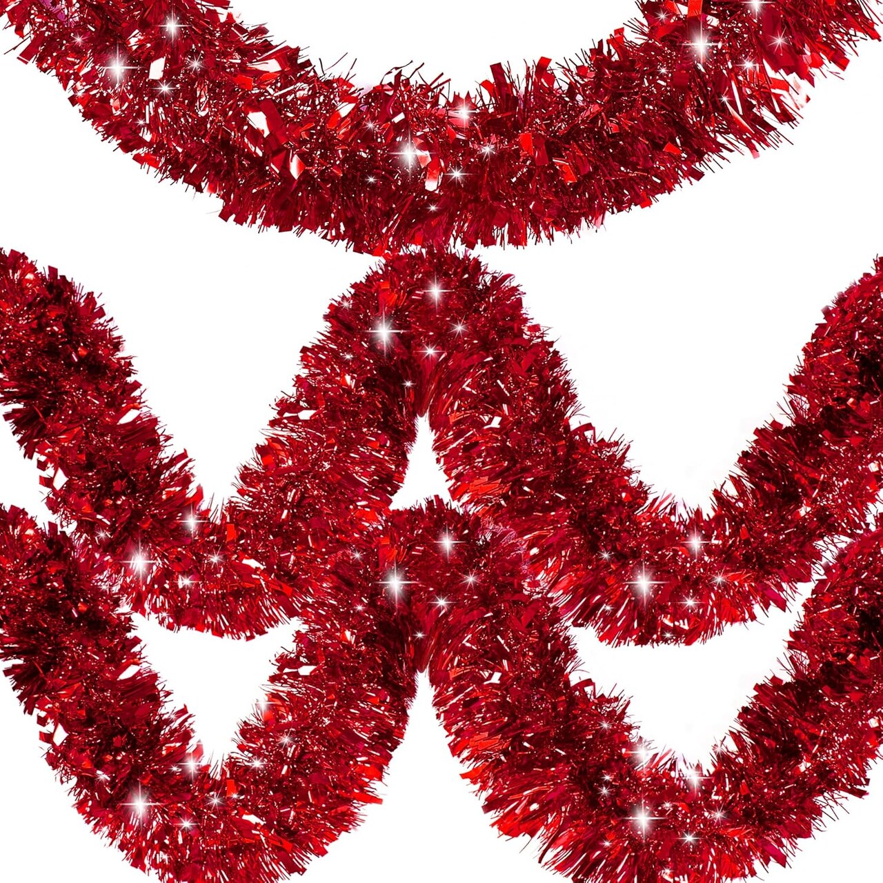 50FT Red Tinsel Christmas Garland Metallic Twist Garland Shiny Hanging Tinsel for Christmas Tree Party Supplies Indoor Outdoor Home Xmas Decoration (Red)